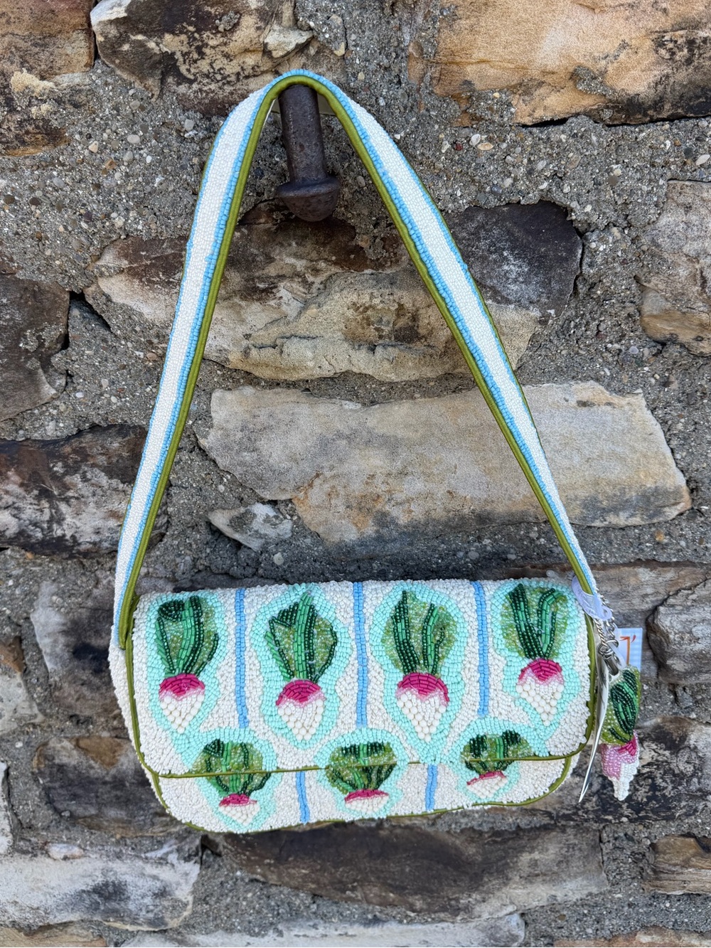 NWT Beaded Radish Pattern Shoulder Bag in Green and Pink Purse